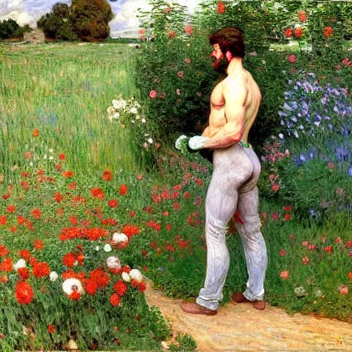 Image similar to attractive man gardening by his idyllic home, painting by tom of finland, john william waterhouse, claude monet