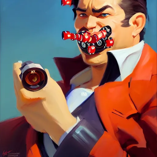 Image similar to greg manchess portrait painting of casino roulette with a mouth as overwatch character, medium shot, asymmetrical, profile picture, organic painting, sunny day, matte painting, bold shapes, hard edges, street art, trending on artstation, by huang guangjian and gil elvgren and sachin teng