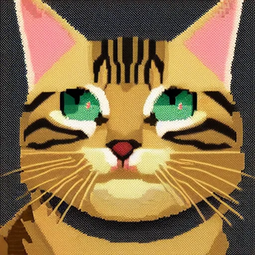 Prompt: tabby cat, pixel art, paul robertson, digital painting