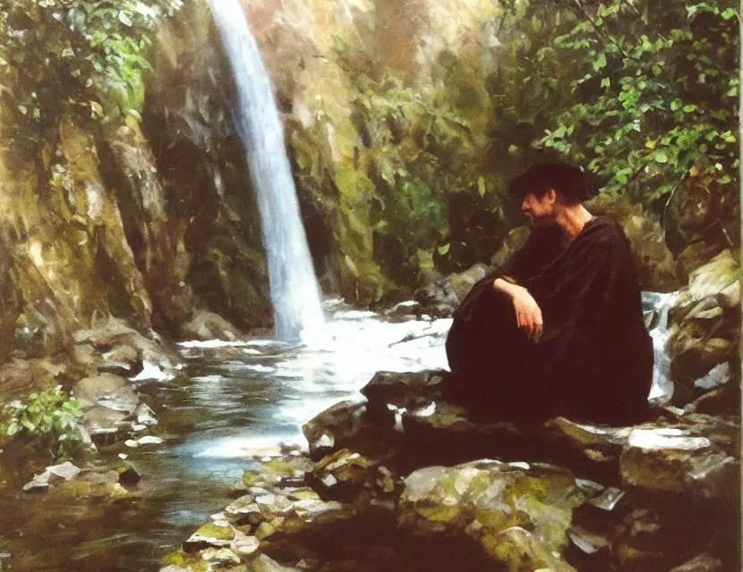 Image similar to by steve hanks, by serov valentin, by lisa yuskavage, by andrei tarkovsky, by terrence malick focused monk sits near waterfall, polaroid, vintage, soft lights, foggy, oil on canvas
