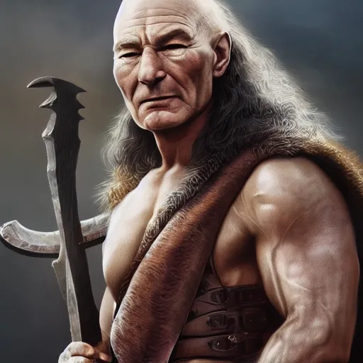 Image similar to a highly detailed matte portrait of patrick stewart as conan the barbarian, art by john collier and albert aublet and krenz cushart and artem demura and alphonse mucha, volumetric lighting, octane render, 4 k resolution, trending on artstation, masterpiece