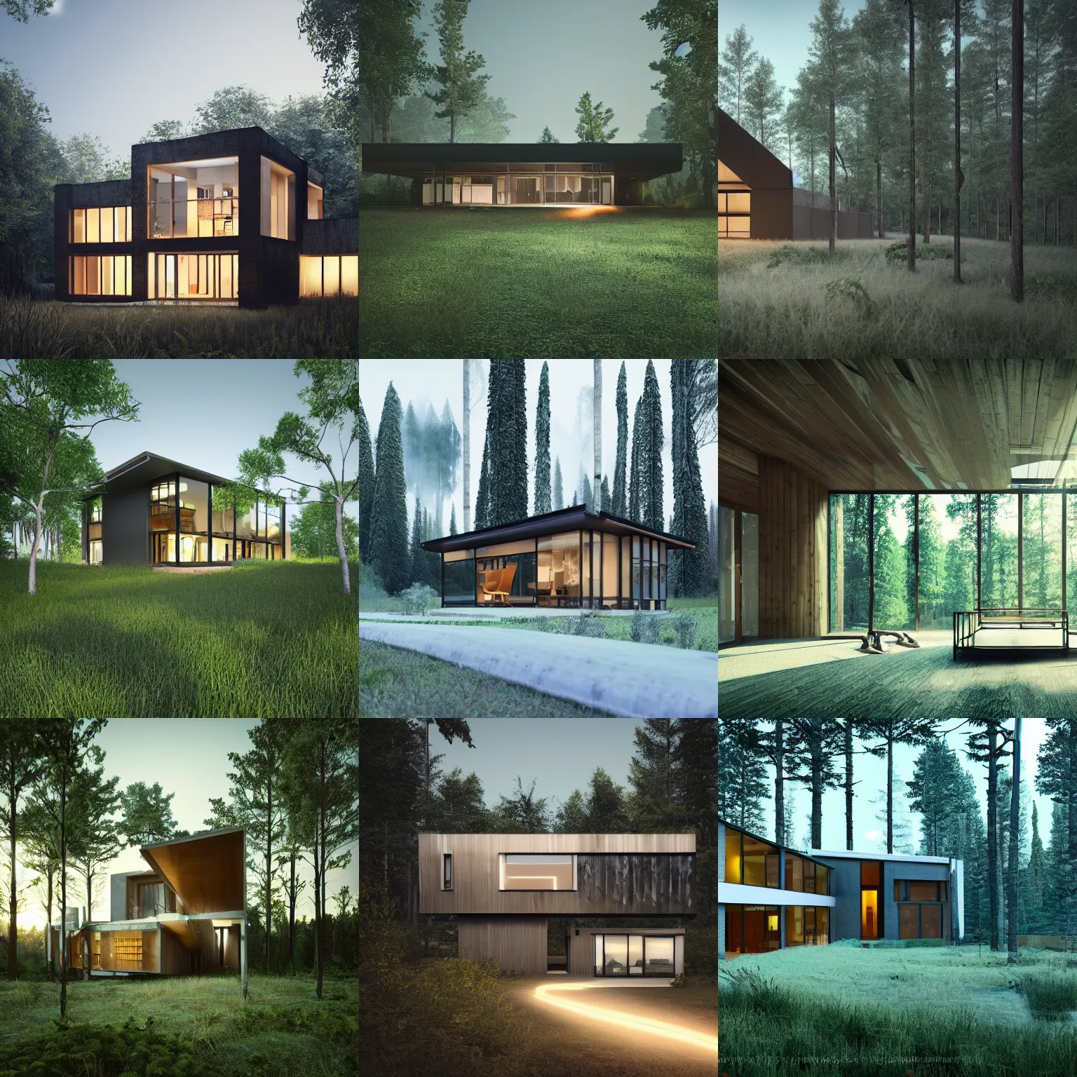 Image similar to a house in the middle of the forest, lights inside, contemporary architecture, architecture render, unreal engine, detailed