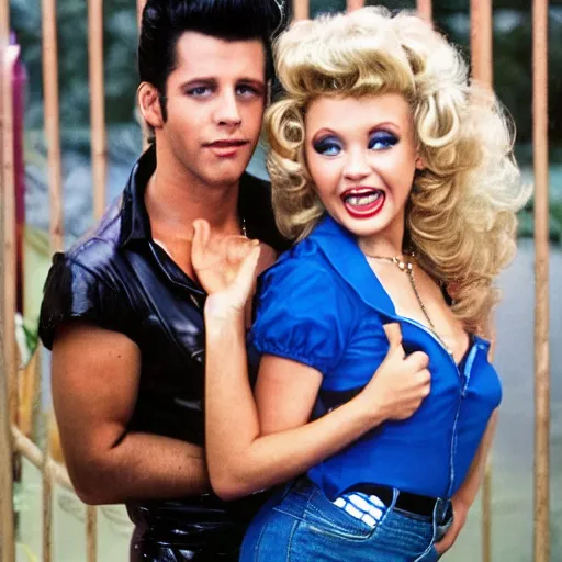 Prompt: Danny and Sandy from Grease trapped in a zoo