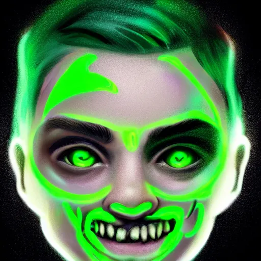 Prompt: a digital matte intricate smiling face illustration concept art, young danny phantom with glowing green eyes cute alt art fashion inspired by charlie bowater and wlop and mark arian and ross tran + neon colors, symmetry, intricate complexity, epic composition, magical atmosphere, highly detailed, cinematic lighting + masterpiece, trending on artstation + 8 k