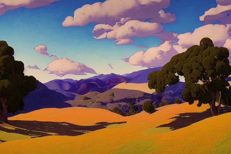 Prompt: masterpiece painting of california hills in the summer, by a. j. casson and john watkiss and edward okun and erin hanson and dan munford and maxfield parrish and j. c. leyendecker and andreas rocha and victo ngai, oak trees and dry grass, dramatic lighting