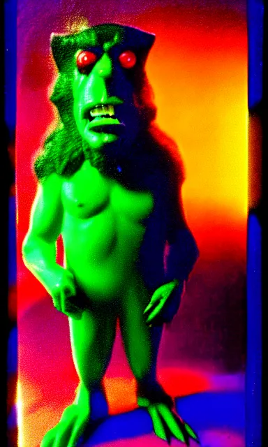 Image similar to colorful crystal gary busey creature, 9 0 s toy commercial, photo from the 7 0 s, horror lighting, neon lighting, polaroid photo,