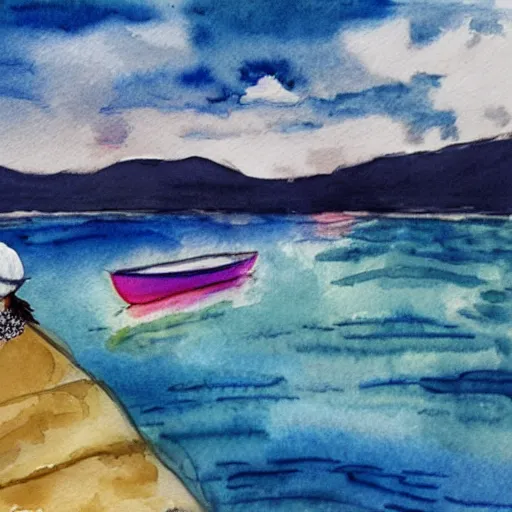 Image similar to a woman with a white dress and a white hat in a colorful boat in the middle of a river, watercolor, clouds, daylight, blue sky