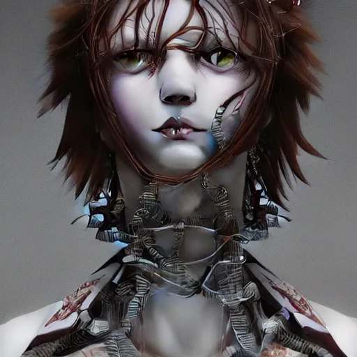 Image similar to prompt : hyperrealist photorealistic 3 d render of persona soft light portrait by takato yamamoto, mecha accessories parts and broken cables, gnarly details, otaku gangasta, inspired by fables, realistic face, smooth face feature, intricate oil painting, high detail, sharp high detail, manga and anime 2 0 0 0