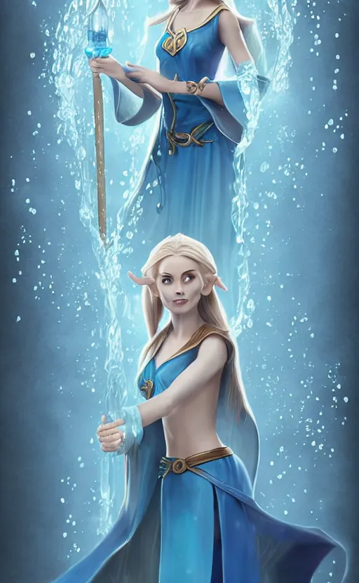 Image similar to elf female sorcerer doing water magic spells, blue robes, exquisite details, full body character design on a white background, by studio muti