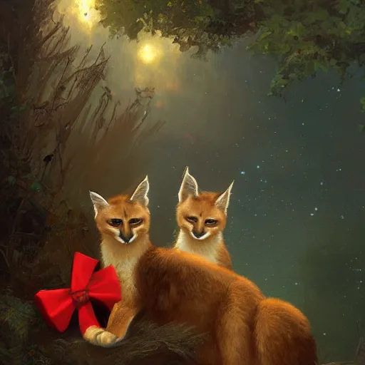 Prompt: three cute caracals wearing red bows and ties, campfire, guitar, night, atmospheric lighting, intricate, volumetric lighting, digital art, highly detailed by gaston bussiere, craig mullins, j. c. leyendecker 8 k