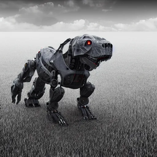 Prompt: a robot that looks like a t-rex being tested in a plain field, photorealistic-n 3