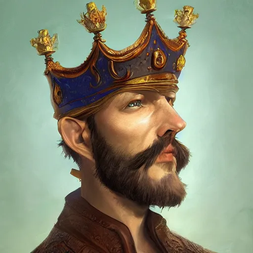 Prompt: a painting of a man wearing a crown, a character portrait by rajmund kanelba, polycount contest winner, renaissance, d & d, detailed painting, storybook illustration