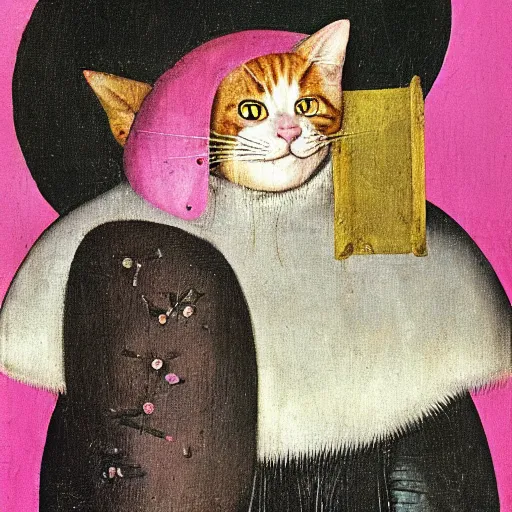 Image similar to portrait of the cat of cheshire bosch with pink and purple striped fur and a huge malicious smile by hieronymus bosch. oil on wood