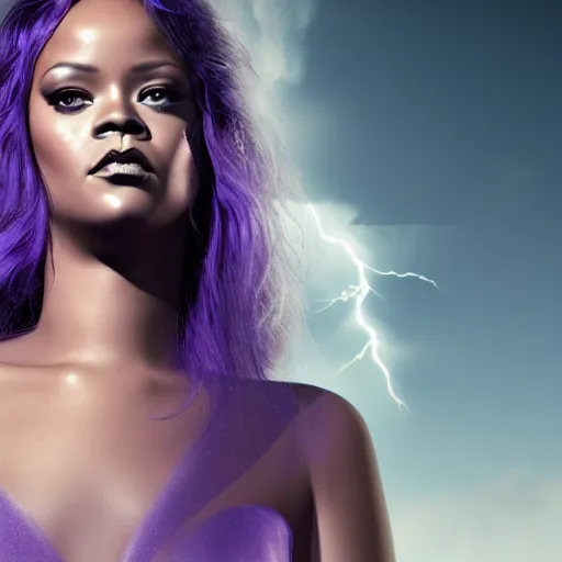 Prompt: a beautiful woman with a silver long flowing dress, in the style rihanna, distant storm clouds with purple lightening, hd, super resolution, ultra fine detail, symmetrical, octane render,