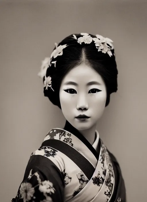 Image similar to a wet plate portrait of a young asiatic woman, geisha, traditional dress, flowers, photorealistic, cinematic light, highly detailed, smooth, sharp focus, illustration, shallow depth of field