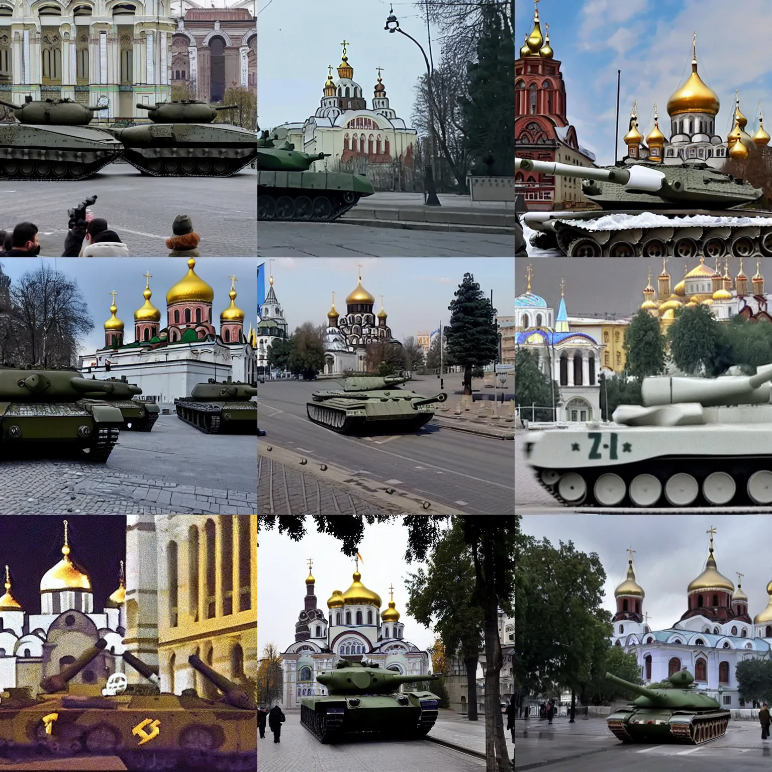 Prompt: a cctv footage of russian tanks ( with letter z painted with white paint on the side ) in front of st sophia's cathedral in kyiv