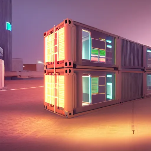 Image similar to architectural render of glowing sci fi container alongside a modern hospital in a pleasant urban setting, day - time, harsh light, award - winning, high res, 4 k, artstation