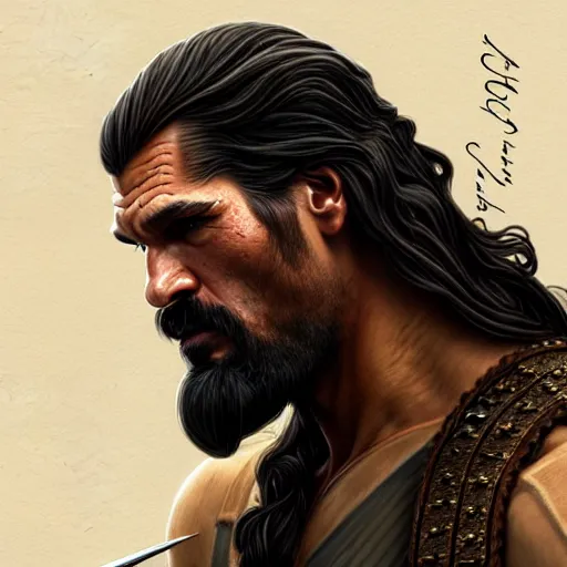 Image similar to Fierce Nikolai Coster-Waldau as Khal Drogo, western, closeup, D&D, fantasy, intricate, elegant, highly detailed, digital painting, artstation, concept art, matte, sharp focus, illustration, art by Artgerm and Greg Rutkowski and Alphonse Mucha