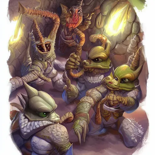 Image similar to a group of lizard-like kobolds digging in a tunnel by torchlight, dungeons & dragons artwork by Artgerm, Don Bluth