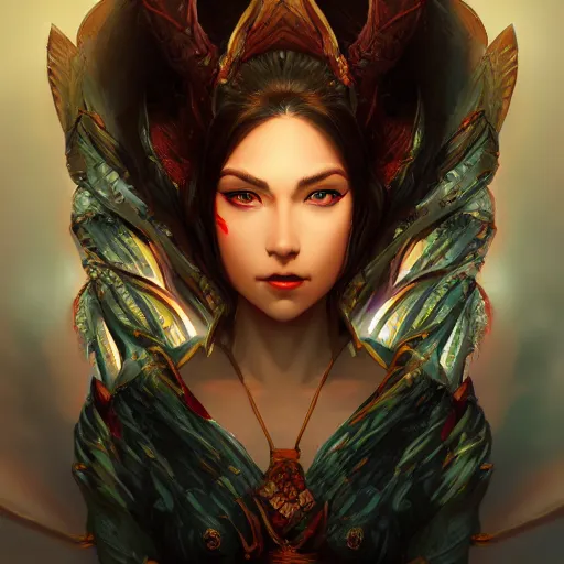 Prompt: very stunning comic book style portrait of a dragon goddess, in the style of WLOP, 8k masterpiece, cinematic lighting, pristine clean design, fantasy, insanely detailed, atmospheric,