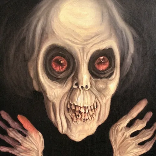 Image similar to creepy old cursed witch watching you sleep, eerie, haunted, oil painting