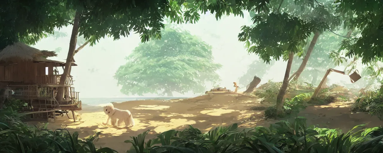 Image similar to a cream - colored havanese dog building a giant tree house next to a tropical beach, atey ghailan, goro fujita, studio ghibli, rim light, exquisite lighting, clear focus, very coherent,