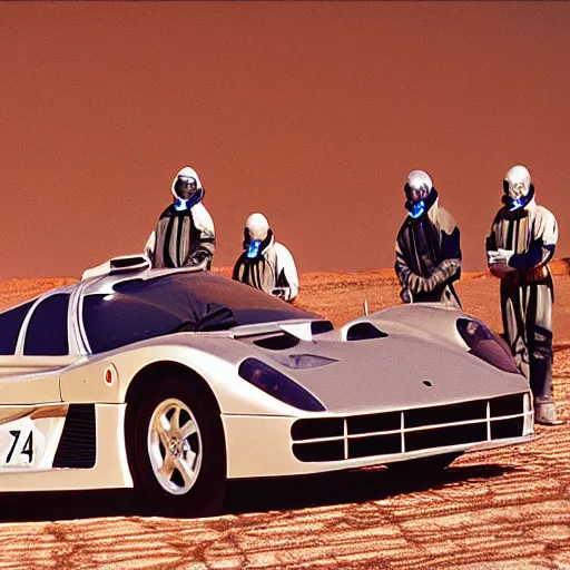 Image similar to a group of men wearing hazmat suits, standing in front of saleen s7, in desert, arriflex 35, film still, cinematic composition