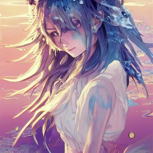 Image similar to god covered in bleach, with rhinestone eyes, covered in paralytic dreams, future pixels, illustration trending on artstation, anime. by hayao miyazaki and rossdraws and artgerm and greg rutkowski and alphonse mucha and studio ghibli and ilya kuvshinov. high quality, stunning, intricate detailed environment. 8 k