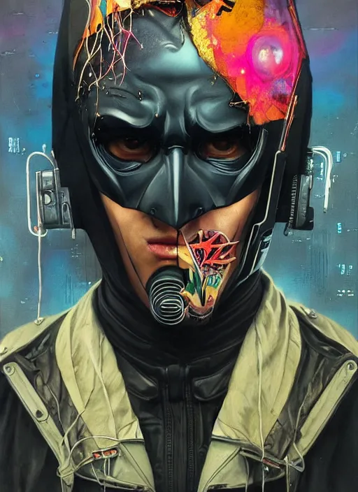 Image similar to beautiful portrait of Lofi cyberpunk Batman, by Tristan Eaton, Stanley Artgermm, Tom Bagshaw, Greg Rutkowski, Carne Griffiths. trending on DeviantArt, face enhance, hyper detailed, trending on Artstation, 8k, masterpiece, graffiti paint, fine detail, full of color, intricate detail, golden ratio illustration