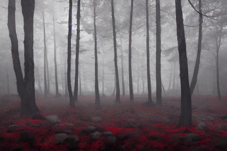 Image similar to deep dark moody forest, red fog on the ground, bleak. big stones, dark mood. mysterious. doom. realistic painting. photobashing, matte painting, highly detailed, autumn, cinematic, hyperralistic, artstation, art brut, dramatic lighting, god rays, clean crisp graphics, smooth sharp focus, extremely detailed, ukiyo - e,