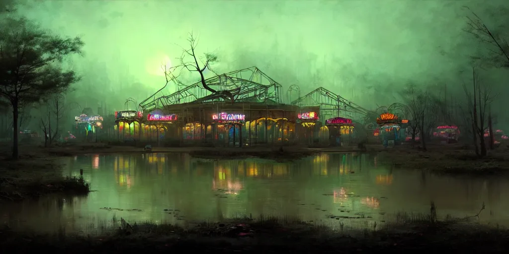 Image similar to concept art of an abandoned amusement park with broken attractions in a swamp at night, grimy, gritty, trending on artstation, award winning painting, cgi, art by ivan aivazovsky and john howe and filip hodas and zhang kechun