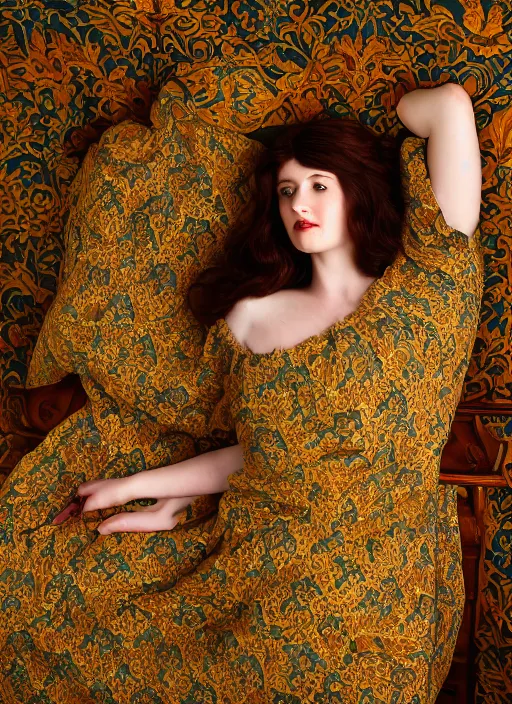 Image similar to preraphaelite portrait photography reclining on bed, brown hair fringe, yellow ochre ornate medieval dress, william morris, 4 k