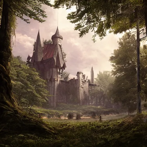 Image similar to medieval fantasy castle in an epic forrest clearing , by Ricardo Ow, dawn, green lush forest, photorealistic, detailed, trending on artstation, smooth light, artstation, DeviantArt, professional, octane render, sunset lighting,highly detailed