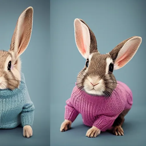 Prompt: Rabbits wearing sweaters.