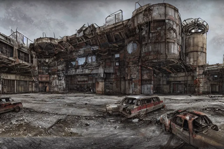 Prompt: the last sanctuary - post apocalyptic refuge, sci - fi fantasy architecture, a former factory transformed into a fortress, surrounded by walls and littered with rust and decay, large angles for big views, tubes, barrels, towers, tires, cages, damaged cars and buses, containers, chairs, scaffolds, unreal engine, cinema 4 d hdr 3 d render, trending on artstation