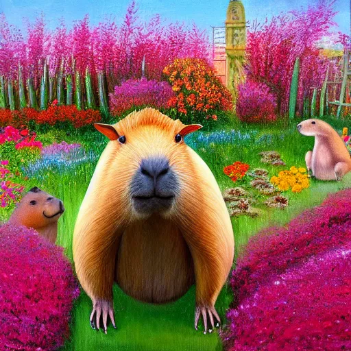 Image similar to anatomically correct capybara wearing a light pink cape and a encrusted golden crown, in a beautiful flower garden, oil painting