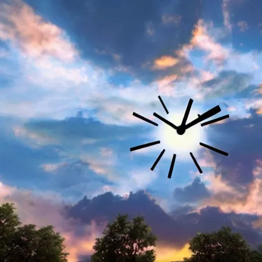 Prompt: a clock is flying above the sky, realistic
