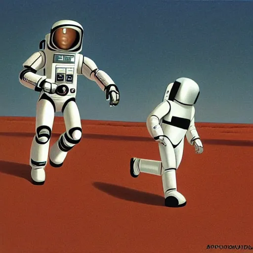 Prompt: astronaut running away from robots ralph mcquarrie