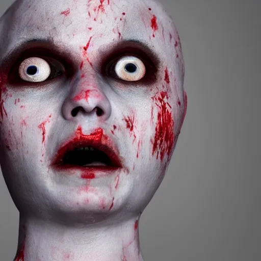 Prompt: pale bald mannequin with crazed, bloodshot eyes, crying blood, photorealistic photography, 8k quality, 8k, dark photography, horror, close-up imagery, macro photography, close-up imagery, macro photography