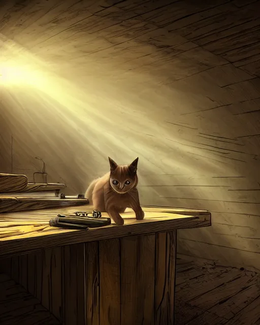 Prompt: style : disco elysium. composition : medium shot. style : digital art ; detailed ; menacing ; 4 k. scenery : the inside of a dark barn ; a faint ray of light is shining through a crack in the planks. subject : a cat hiding behind a workbench ; dark hair ; wearing a white dress.