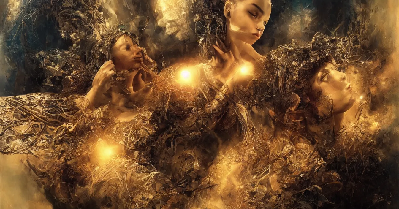 Image similar to imagination of human souls sitting in cinema like room and watch very interested bright warm light of consciousness projecting their lives on the big wide screen, realistic, deep sense of spirituality, contrast shading, unreal engine, vray, style of karol bak