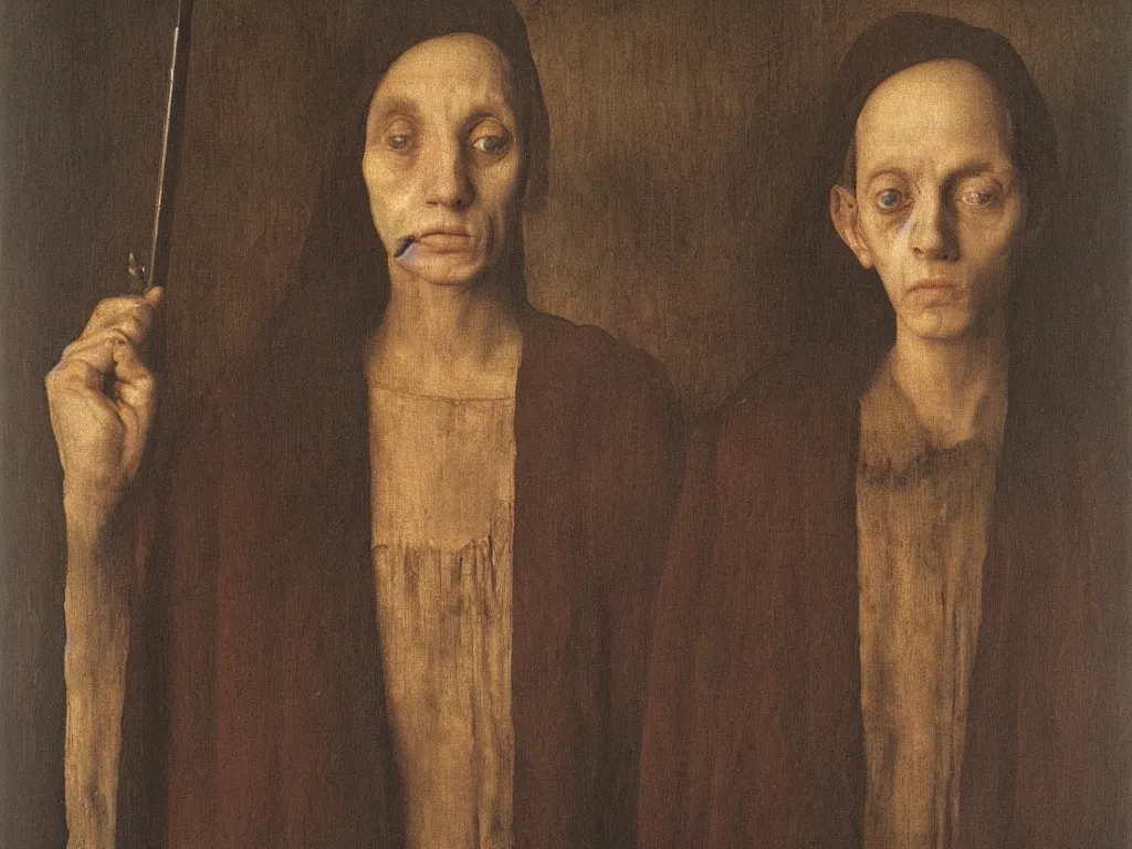 Image similar to portrait of a Meth addict. Painting by Jan van Eyck, August Sander.