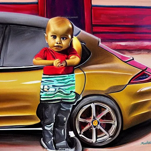 Prompt: painting of indian baby in porsche panamera