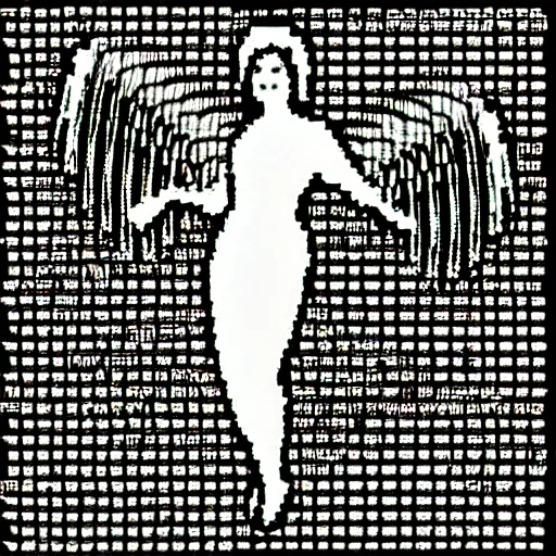 Image similar to vhs static overlay of angel apparition, money falling like confetti, vhs, 1 9 9 0, highly realistic, highly detailed, vhs noise static, black and white, vhs glitch