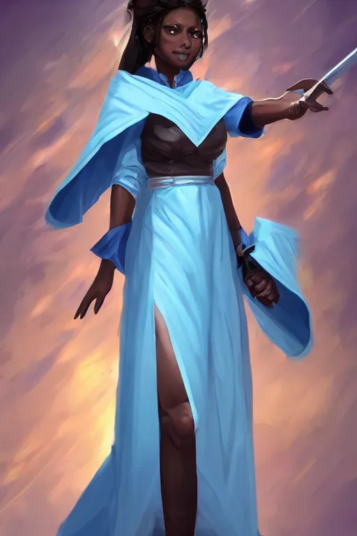 Prompt: Beautiful 40 years old lady, Illusion master, Sky blue Robes, light brown straight hair, dark brown skin, floating energy swords, high fantasy, trending in artstation, artstationHD, artstationHQ, safebooru