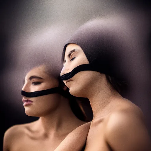 Prompt: two females balaclava photography portrait, desert wind, volumetric light, dust, wind, black underwear, snadclouds, hard shadows, bokeh, golden hour, black body paint, long exposure, full body, female body anatomy