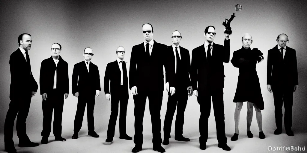 Image similar to Agent Smith, photo of a group, an album cover by David Gilmour Blythe, pinterest, bauhaus, tesseract, composition, national geographic photo, flemish baroque