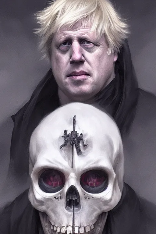 Image similar to Boris Johnson as Grim Reaper, portrait, highly extremely detailed, digital painting, artstation, concept art, very smooth, sharp focus, illustration, cinematic lighting, art by artgerm and greg rutkowski and alphonse mucha