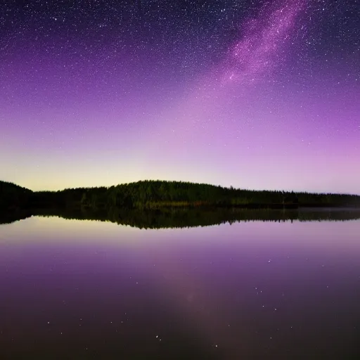 Image similar to Stunning 4K photograph of a lake covered in purple mist. All the stars in the night sky are completely black. The stars are black.