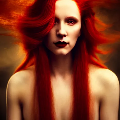 Image similar to majestic gracious regal aristocratic female red haired vampire portrait, aesthetically pleasing, atmospheric lighting, painted, seductive, menacing, intricate, volumetric lighting, beautiful, rich deep colours masterpiece, golden hour, golden ratio, sharp focus, ultra detailed, by leesha hannigan, ross tran, thierry doizon, kai carpenter, ignacio fernandez rios